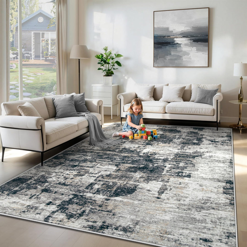 XLUEZ 6x9 Area Rugs for Living Room, Washable Modern Abstract Large Area Rug Neutral Soft Non Slip Kids Rug Stain Resistant Indoor Carpet for Bedroom Nursery Dining Room Playroom(BlackGrey, 6'x9')