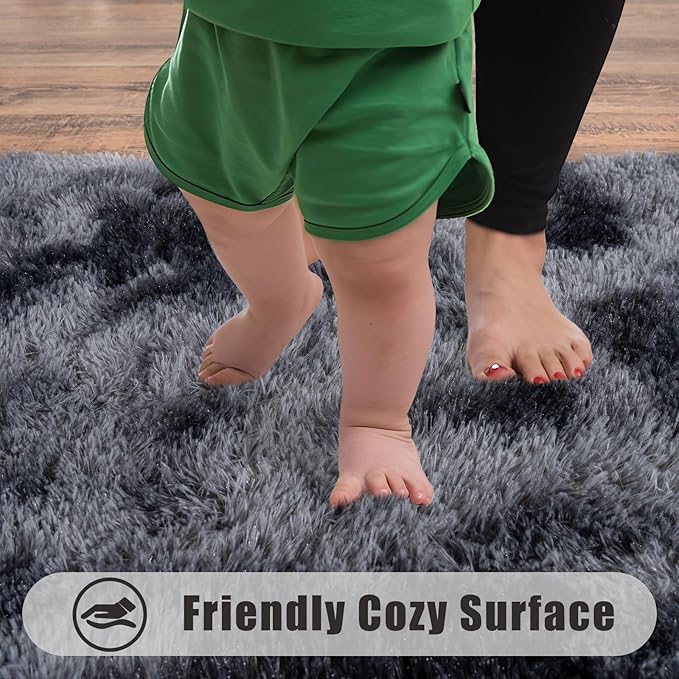 Ultra Soft Runner Rugs for Bedroom Hallways with Upgraded Non-Slip Rubber Backing & Thick Memory Sponge, 2 Packs 2x4 Feet Fluffy Shag Throw Area Rug for Bedside Dorm Tie-dye Dark Grey