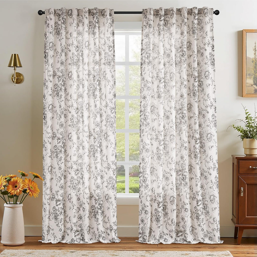 jinchan Vintage Floral Linen Curtains 96 Long for Living Room 2 Panels
