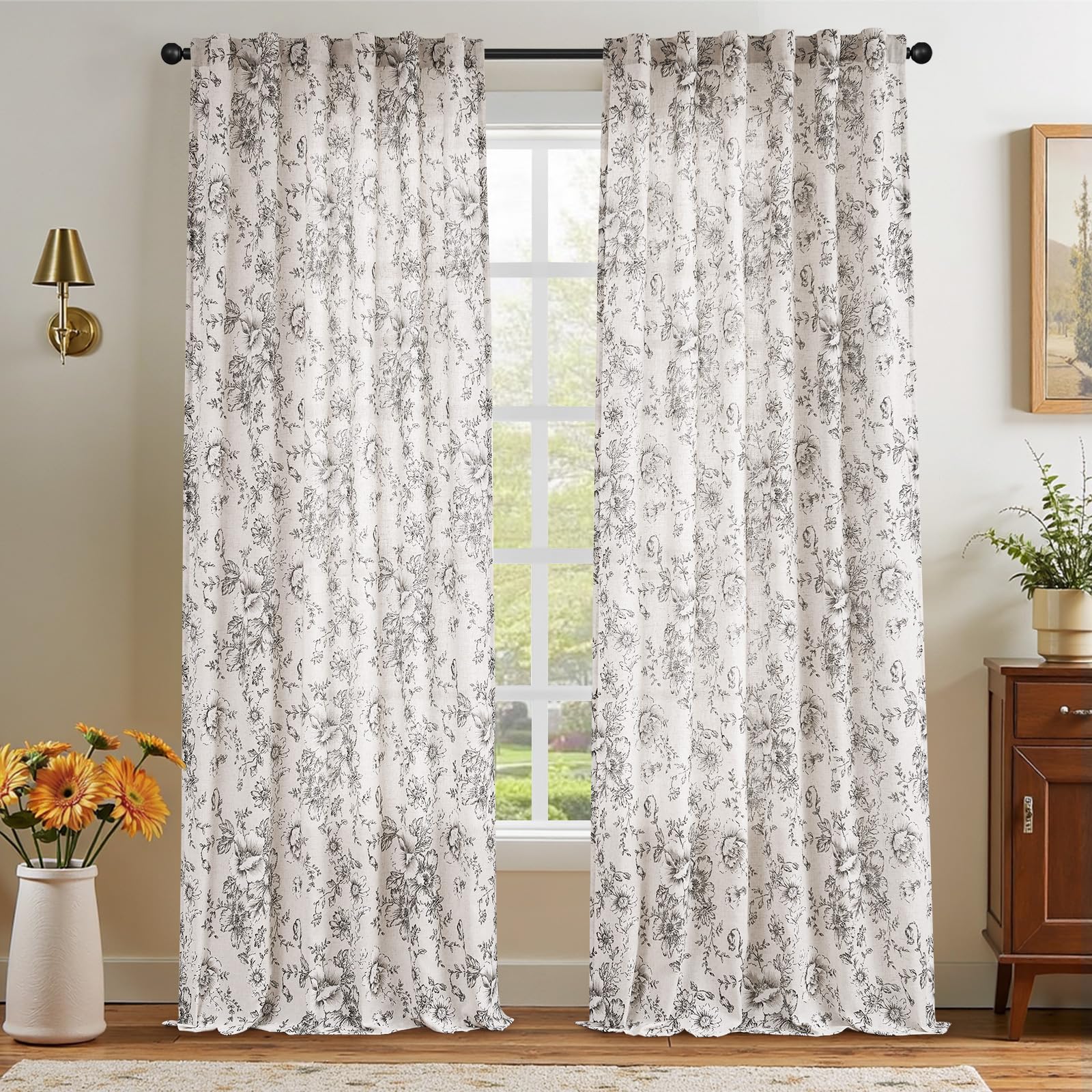 jinchan Vintage Floral Linen Curtains 96 Long for Living Room 2 Panels