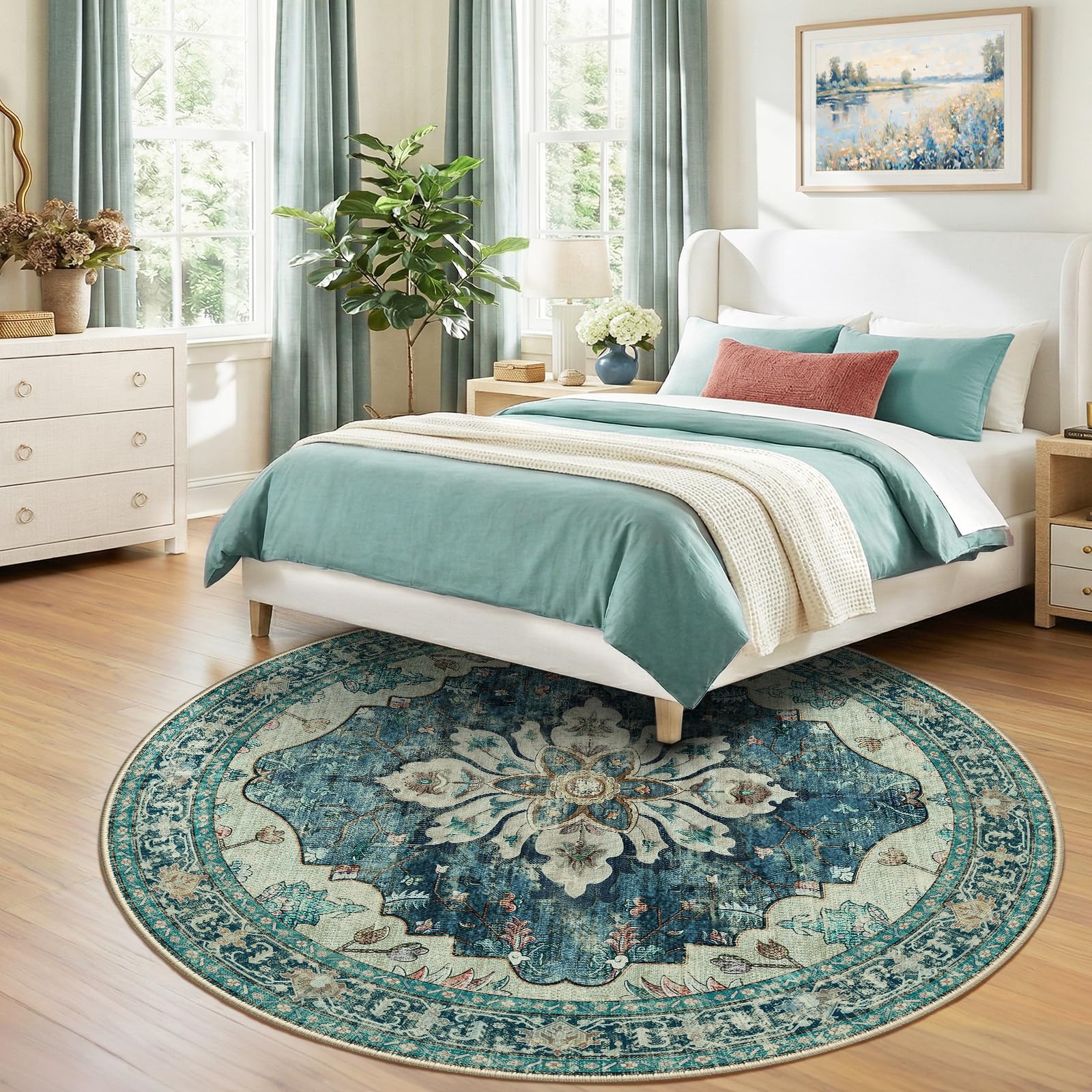RELEANY Washable Area Rug, Round 8ft, Blue/Vintage Dark Blue