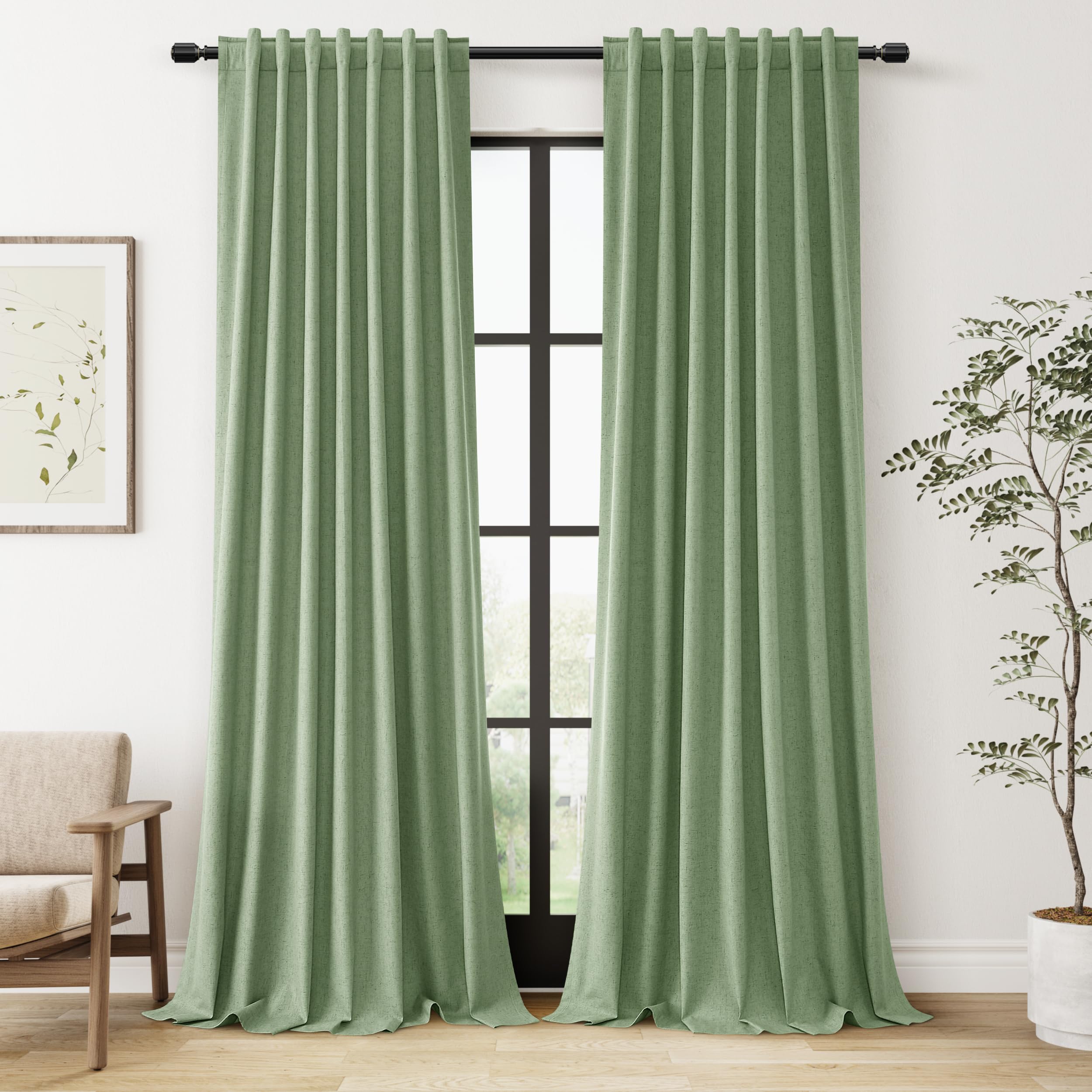 Guken 100% Blackout Linen Curtains 84 Inch Length 2 Panels Set for Living Room Bedroom Back Tab Thermal Insulated Black Out Linen Drapes Room Darkening Window Curtains 84 Inches Long,Light Sage