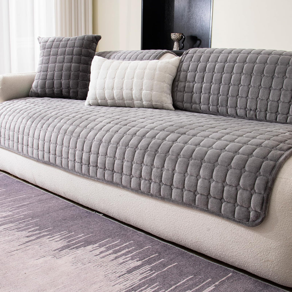 MDSASFD Velvet Couch Cover, Washable Sectional Sofa Cover, Anti Slip Sofa Slipcovers for 3 Cushion Couch Sofa L Shaped Recliner, Furniture Protector Covers for Pets Kids(Dark Grey, Only 1 PCS)