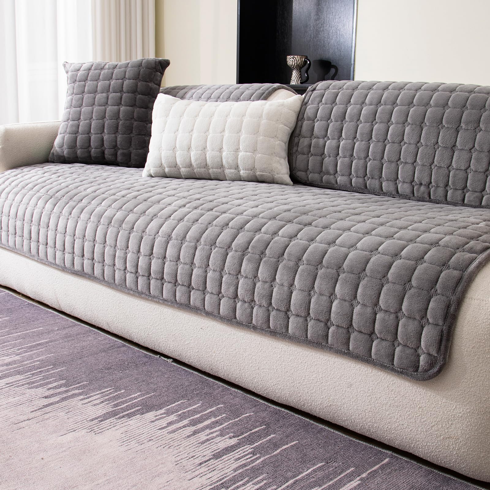 MDSASFD Velvet Couch Cover, Washable Sectional Sofa Cover, Anti Slip Sofa Slipcovers for 3 Cushion Couch Sofa L Shaped Recliner, Furniture Protector Covers for Pets Kids(Dark Grey, Only 1 PCS)