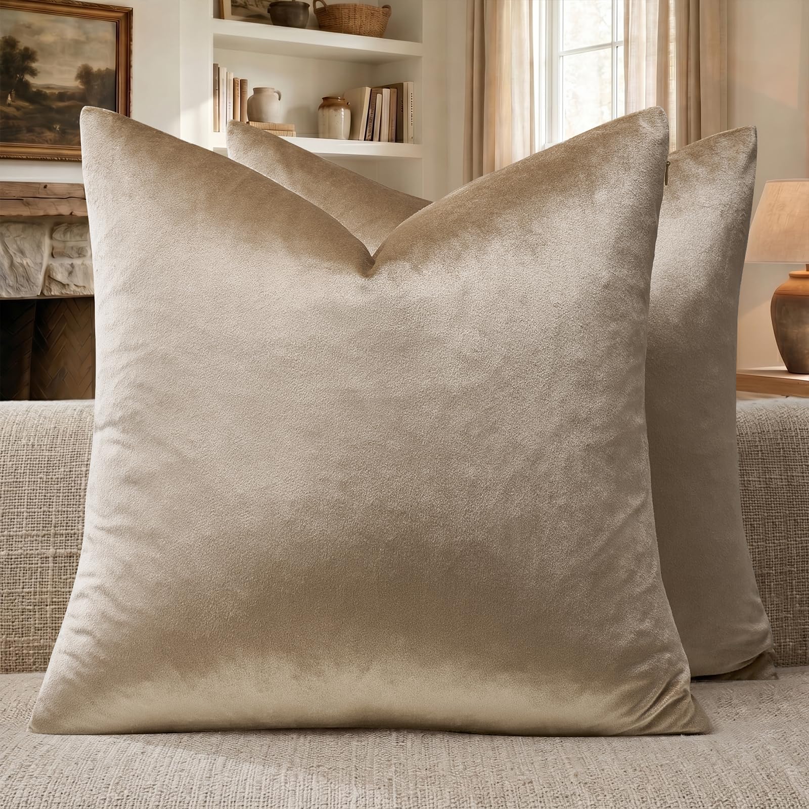 GIGIZAZA Taupe Velvet Pillow Covers 22x22 Decorative Pillows Pack of 2