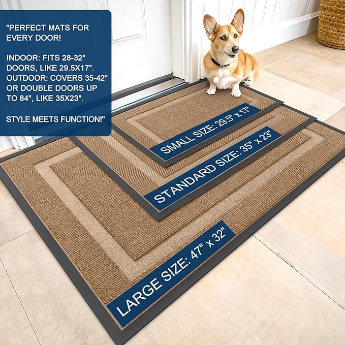 OLANLY Front Door Mat Indoor Outdoor Entrance, Waterproof All-Season, All-Weather Doormat, Sturdy Natural Rubber, Fade Resistant, Low Profile, Easy Clean Patio Porch Entryway Mat, 29.5x17, Light Brown