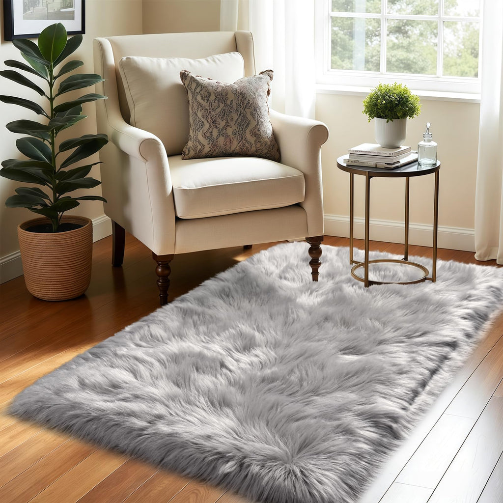 LOCHAS Soft Fluffy Faux Fur Rugs for Bedroom Bedside Rug 2x4 Feet, Grey