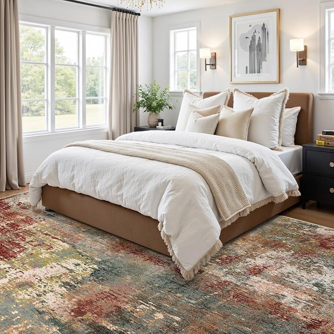 Washable Area Rugs Square 6ft Non-Slip Modern Abstract Soft for Living Room Entryway Bedroom Nursery, Print Pattern, Brown Rust Red Green Blue Multi