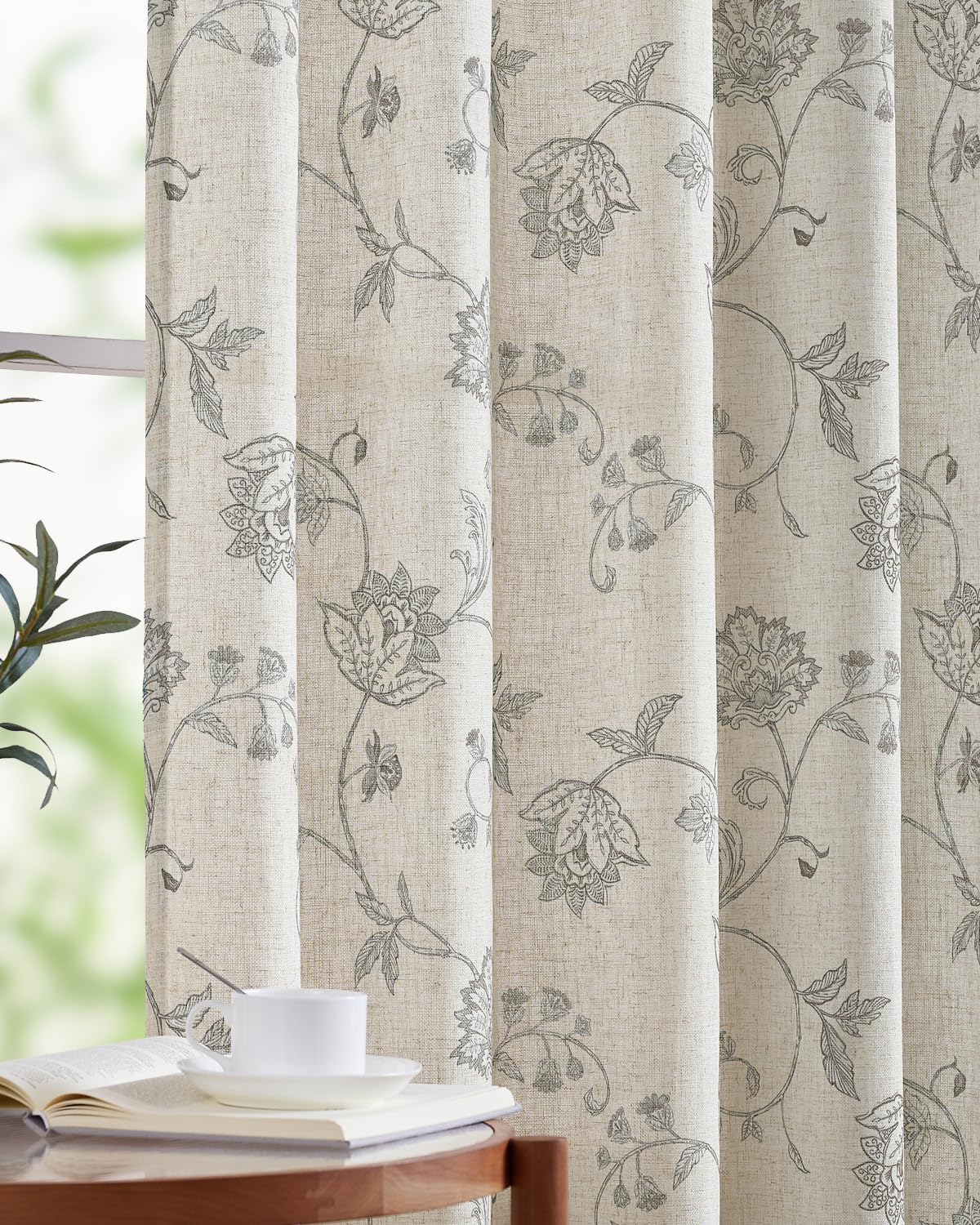 jinchan Linen Curtains Floral Curtains 96 Inch Length for Living Room Bedroom Light Filtering Rod Pocket Back Tab Jacobean Curtains Flax Linen Texture Window Drapes Set 2 Panels Dark Grey on Linen
