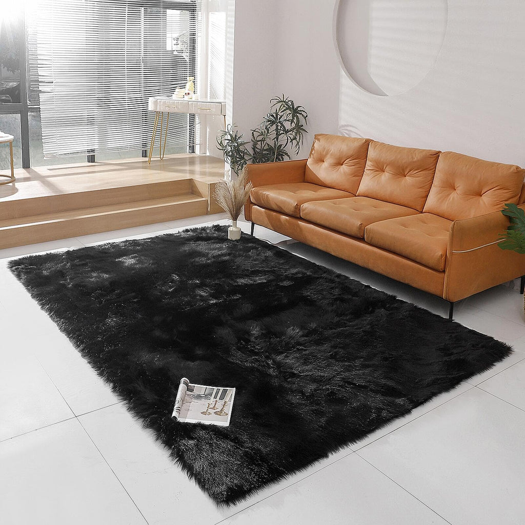 linmopm Faux Fur Rug Sheepskin Shag Fluffy Fuzzy Black 6x9 ft Rugs for Bedroom Bedside Bed Floor Living Room Plush Rectangle High-Density Cushion Carpet Super Sofa Cover