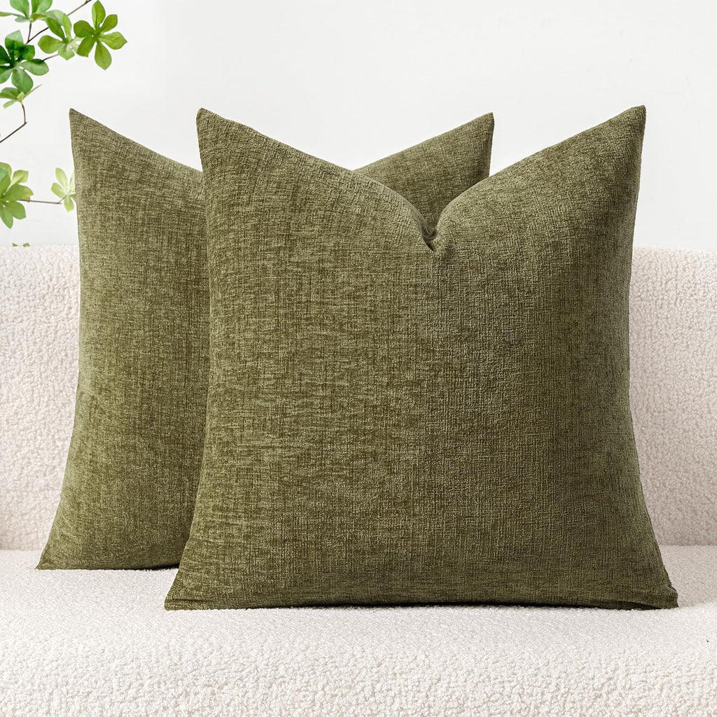 MIULEE Soft Chenille Throw Pillow Covers Olive Green 18x18 Inch Pack of 2