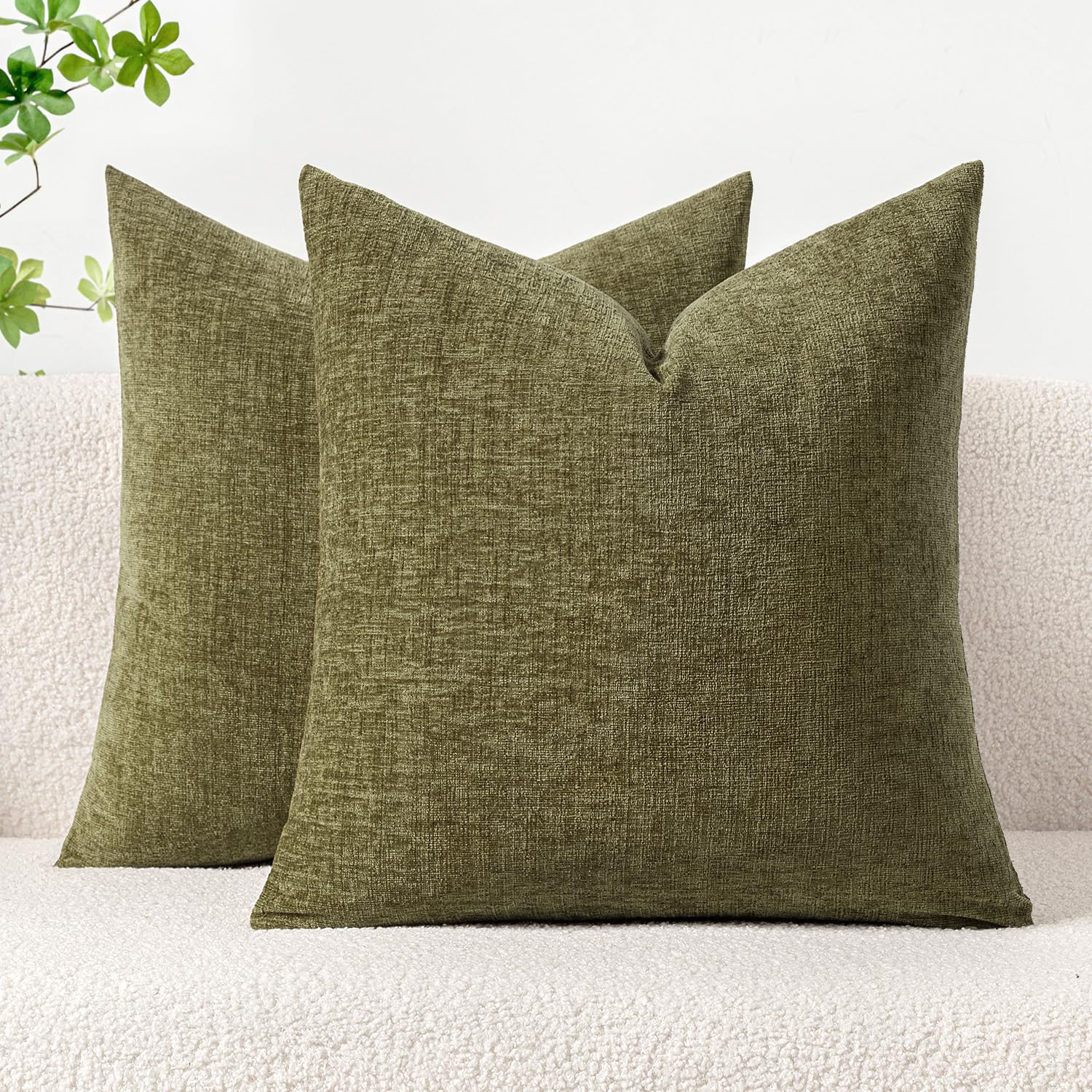 MIULEE Soft Chenille Throw Pillow Covers Olive Green 18x18 Inch Pack of 2