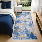 Washable Area Rugs 2'x8' Non-Slip Modern Abstract Soft for Living Room Entryway Bedroom Nursery, Print Pattern, Grey Blue Gold/Golden