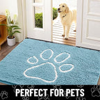 Smiry Dog Door Mat for Muddy Paws, Absorbent Dirt Trapper Non Slip Quick Dry Washable Chenille Mat for Mud Dogs, Entry Rug for Indoor and Outdoor (48x30 Inches, Sky Blue and White)