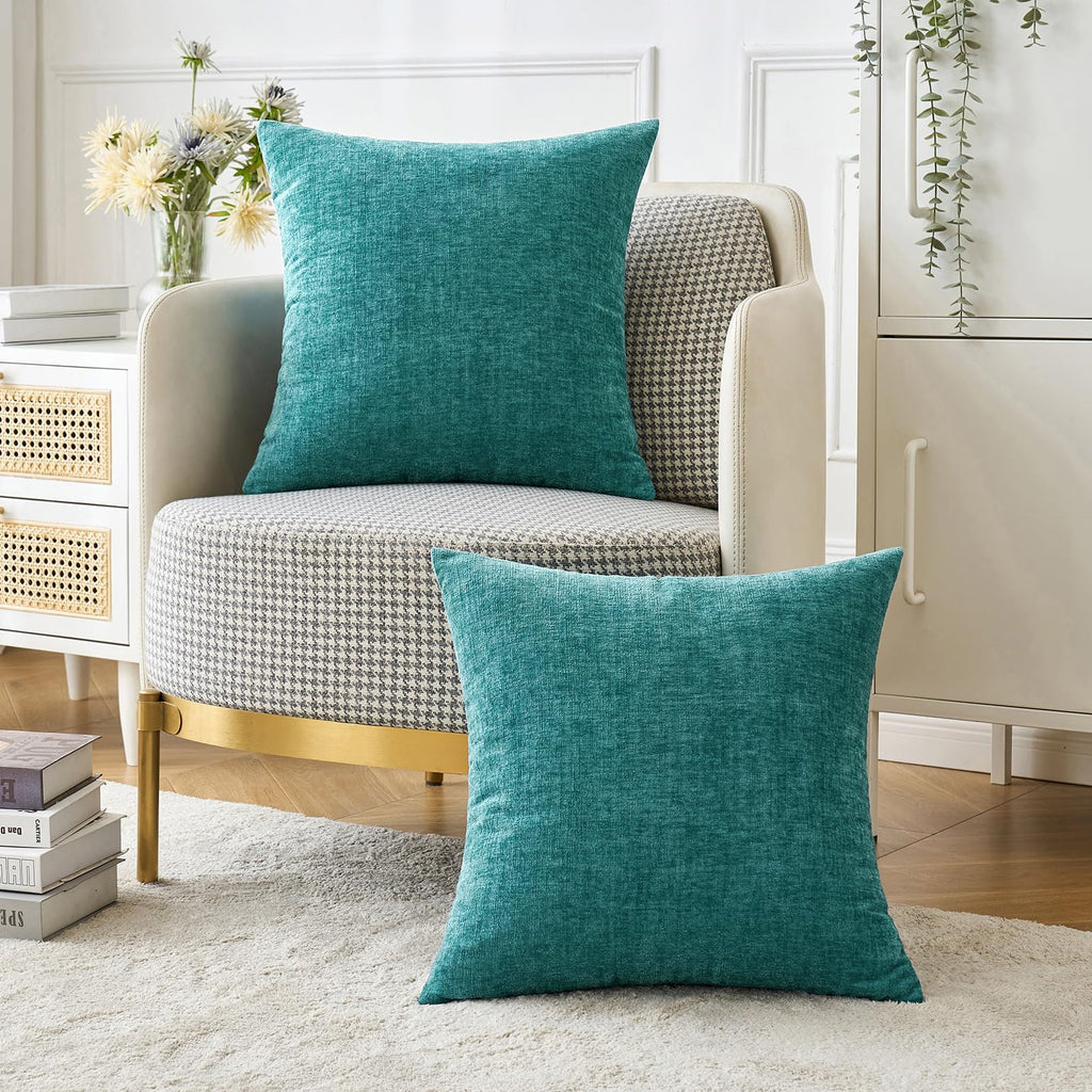 MIULEE Soft Chenille Throw Pillow Covers Teal 18x18 Inch Pack of 2