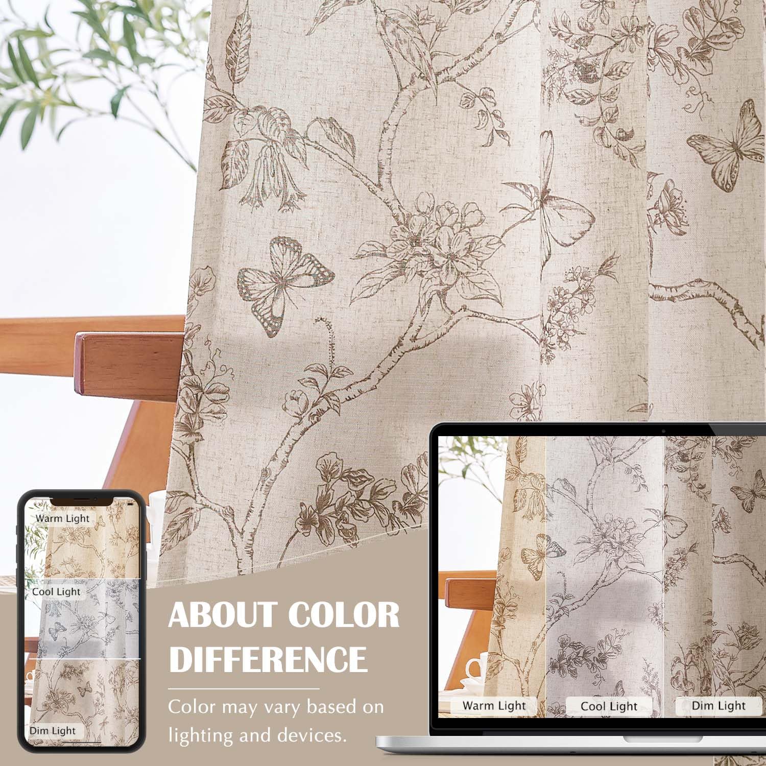 jinchan Taupe Floral Linen Curtains Lined 84 Inch Vintage Back Tab 2 Panels