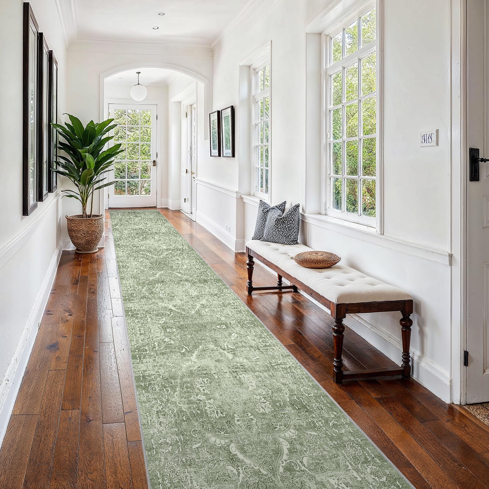2'6"x16 Washable Long Runner Rug: Vintage Non Slip Hallway Rug SageGreen