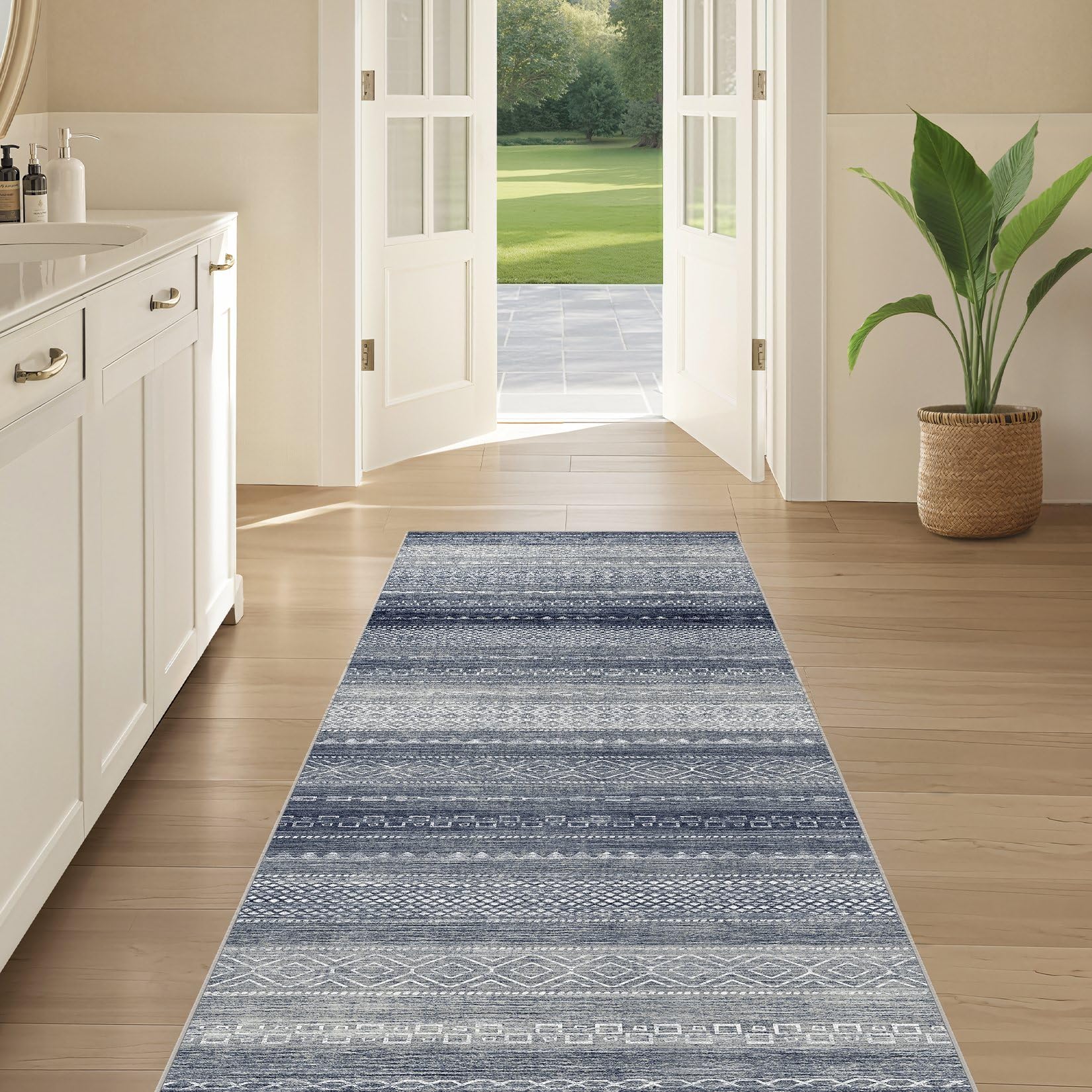 Nakagishi Boho 2x6 Runner Rug Machine Washable Rugs Non Slip Denim Blue