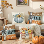 Fall Decorations for Home,Fall Pillow Covers 18 x 18 Inch Set of 4, Hello Autumn Pumpkin Mason Jar Thankful Decor, Cushion Cases for Farmhouse Home Party Sofa Couch