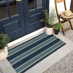 Front Door Mat Indoor Entrance - 2x4.3 Ft Striped Washable Welcome Layered Doormat Outdoor Entrance Porch Rug Non-Slip Navy Blue Coastal Runner Rug for Kitchen Bedroom Laundry Room Porch Decor