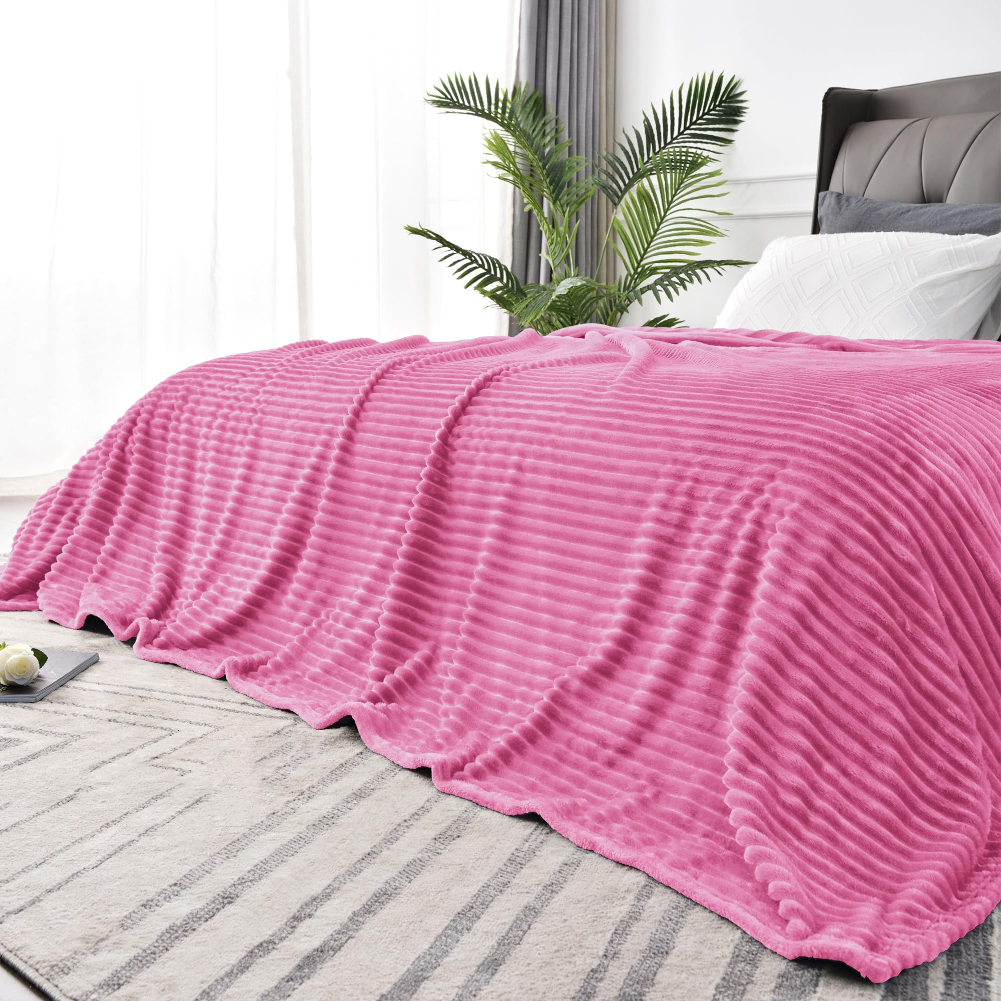 BEDELITE 3D Ribbed Jacquard Hot Pink King Size Blanket for Bed, 108x90 Inch