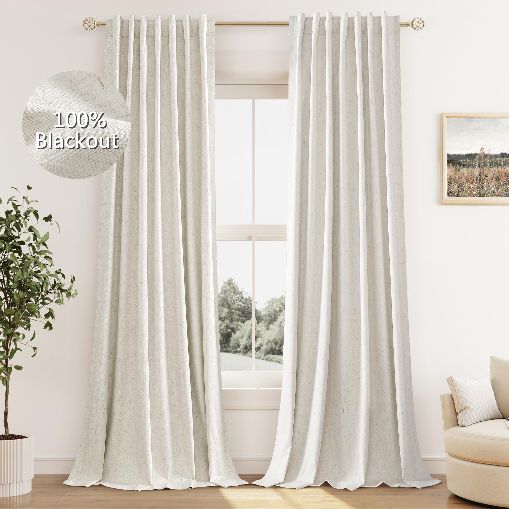 Guken Cream Linen Blackout Curtains 84 Inch Length 2 Panels Set for Living Room Bedroom Back Tab Thermal Insulated 100% Black Out Drapes Room Darkening Window Curtain Ivory Natural Beige