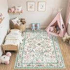 Area Rug Living Room Rugs: Floral 5x7 Washable Rug Vintage Soft Boho Non-Slip Carpet Indoor Stain Resistant Large Carpets for Bedroom Dining Room Farmhouse Nursery Hallway Home Office Green Beige