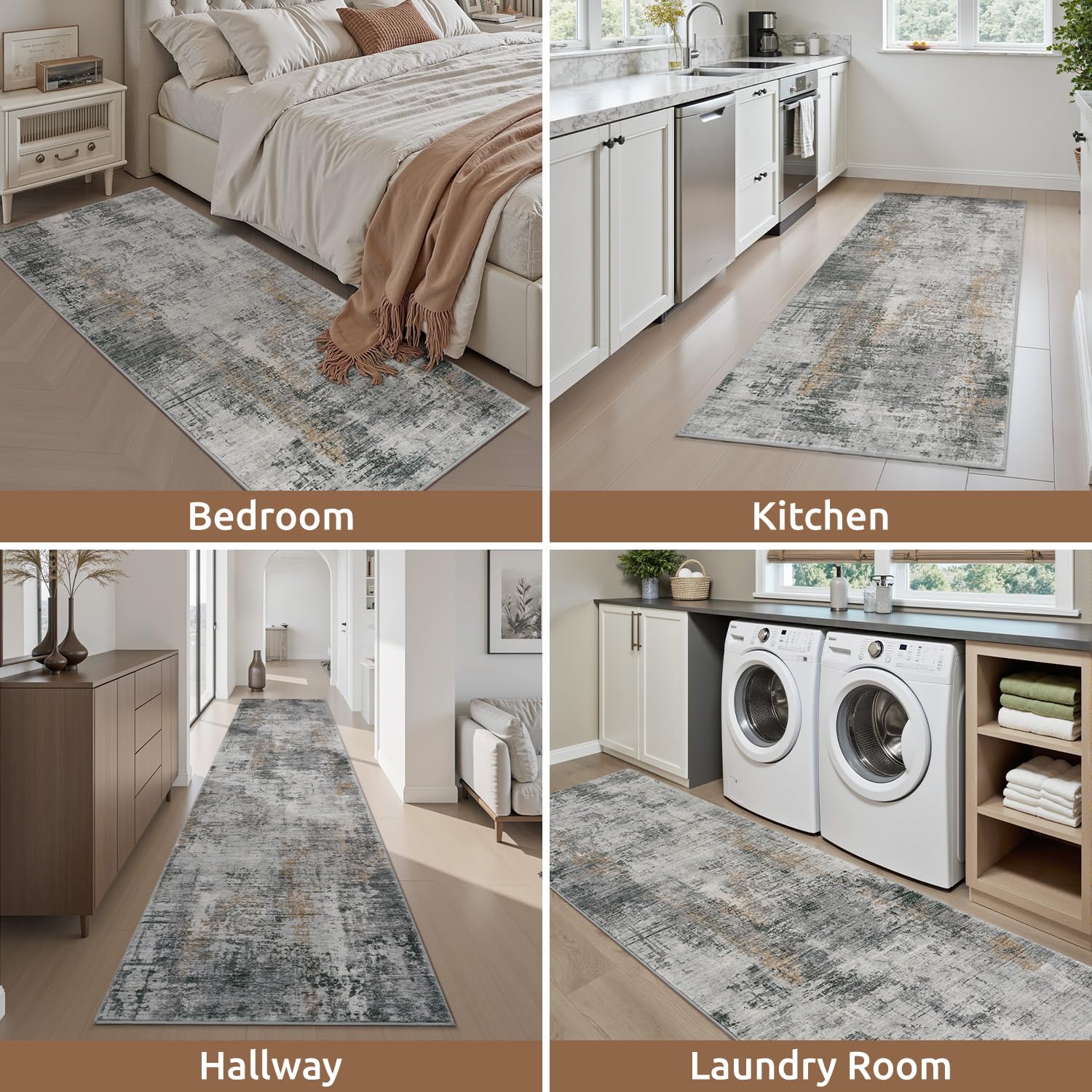 AMOAMI 2 x 8 Hallway Runner Rug Non Slip Super Soft Long Runner Rugs Machine Washable Low Pile Modern Abstract Runners for Hallways for Bedroom Laundry Room Kitchen, Grey