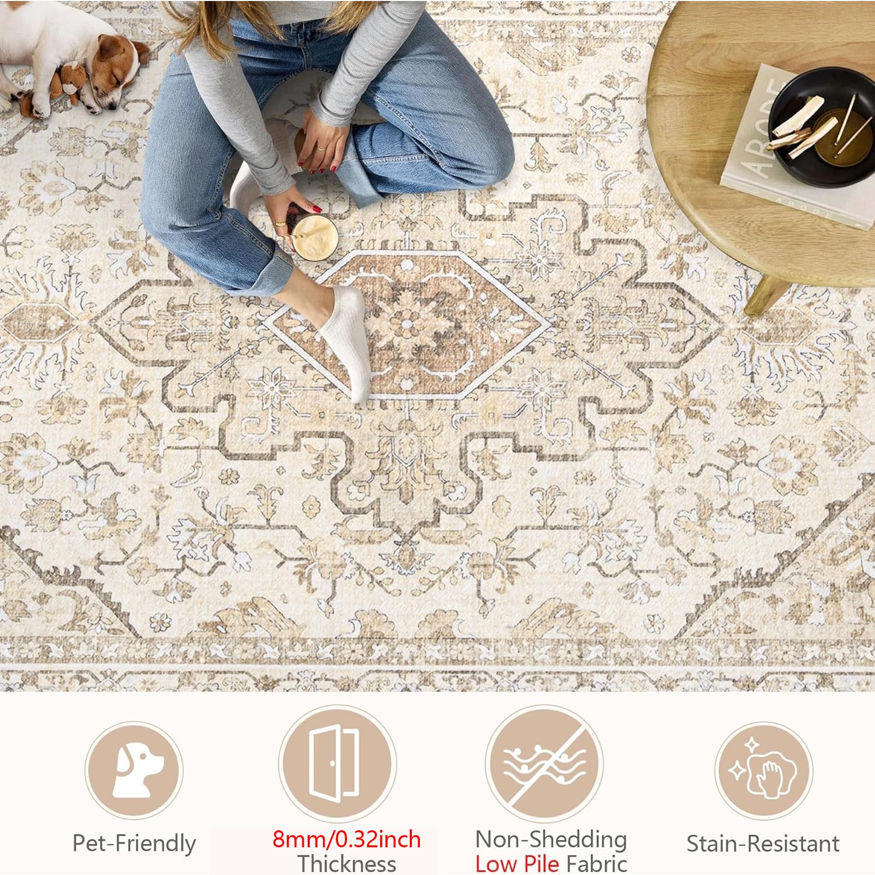 Area Rugs 9x12 Vintage Rug: Large Washable Living Room Rug Retro Medallion Distressed Soft Low Pile Non-Slip Indoor Floor Carpet for Bedroom Dining Table Office (BeigeBrown,9'x12')
