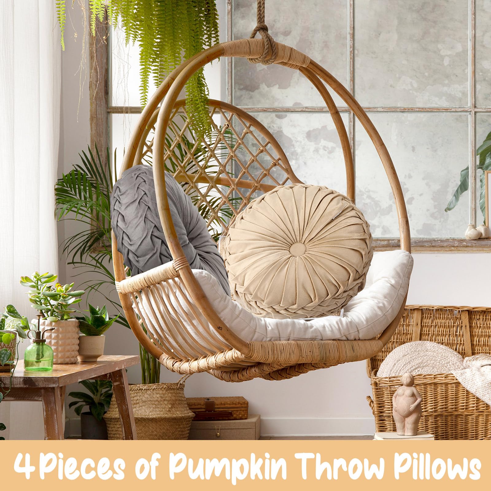 Kathfly 4 Pcs Decorative Round Pleated Throw Pillows, Classy Velvet Pumpkin Round Throw Pillows, Decorative Floor Pillow for Bed Chair Home Sofa Decor, 14" Diameter (Beige,Khaki,Gray,Dark Gray)