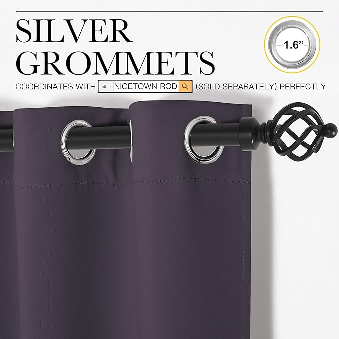 NICETOWN Blackout Curtain Panels for Bedroom, 2 Panels, W70 x L95-inch, Greyish Purple, Thermal Insulated Grommet Top Blackout Draperies and Drapes for Basement