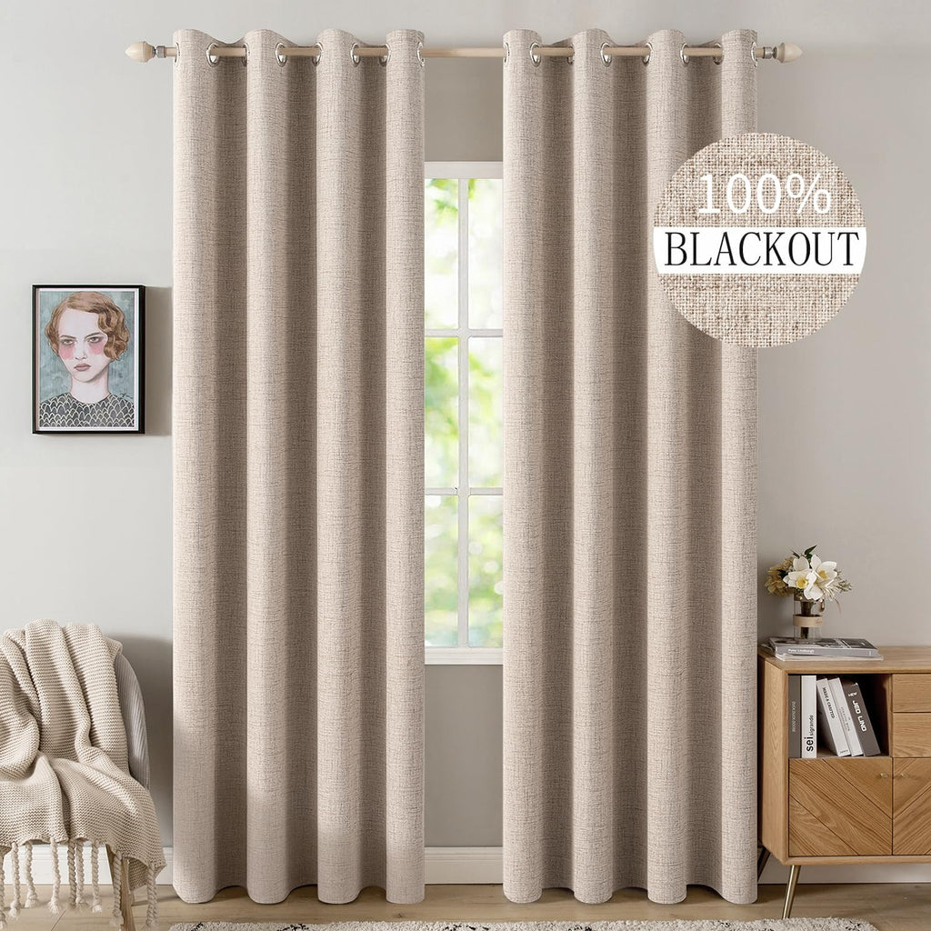 MIULEE 100% Blackout Linen Curtains for Bedroom 52x100 Inches Natural Beige