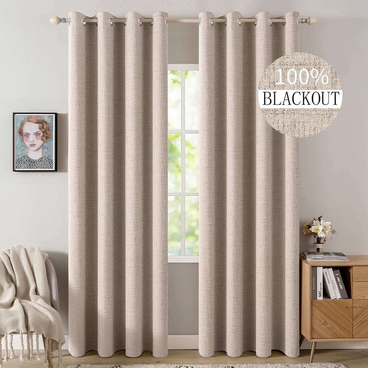 MIULEE 100% Blackout Linen Curtains for Bedroom 52x100 Inches Natural Beige