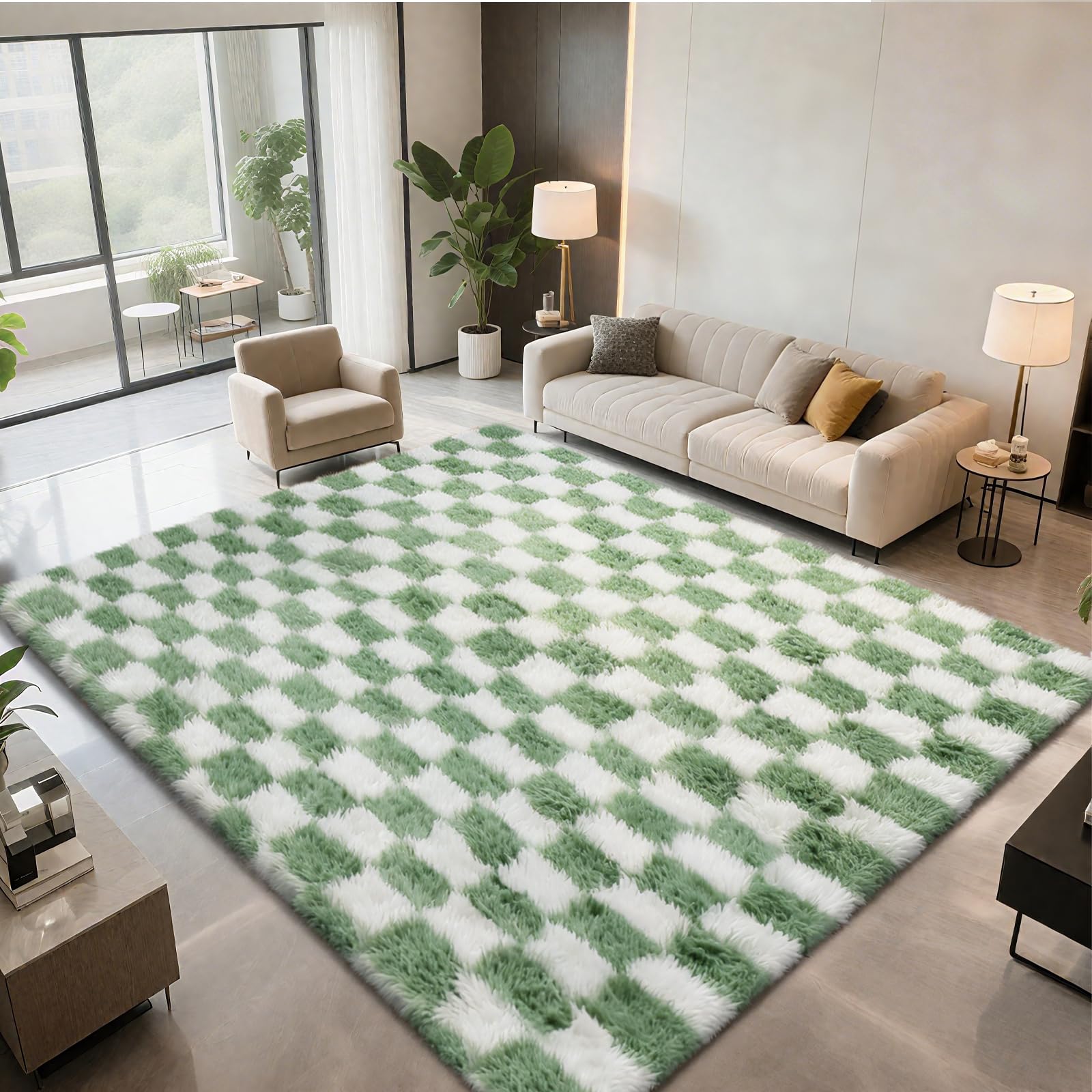 Area Rugs for Bedroom Living Room,4x6 Green and White Fluffy Soft Checkered Rug Fuzzy Shag Shaggy Carpet,Indoor Plush Floor Rugs for Teen Dorm Home Decor