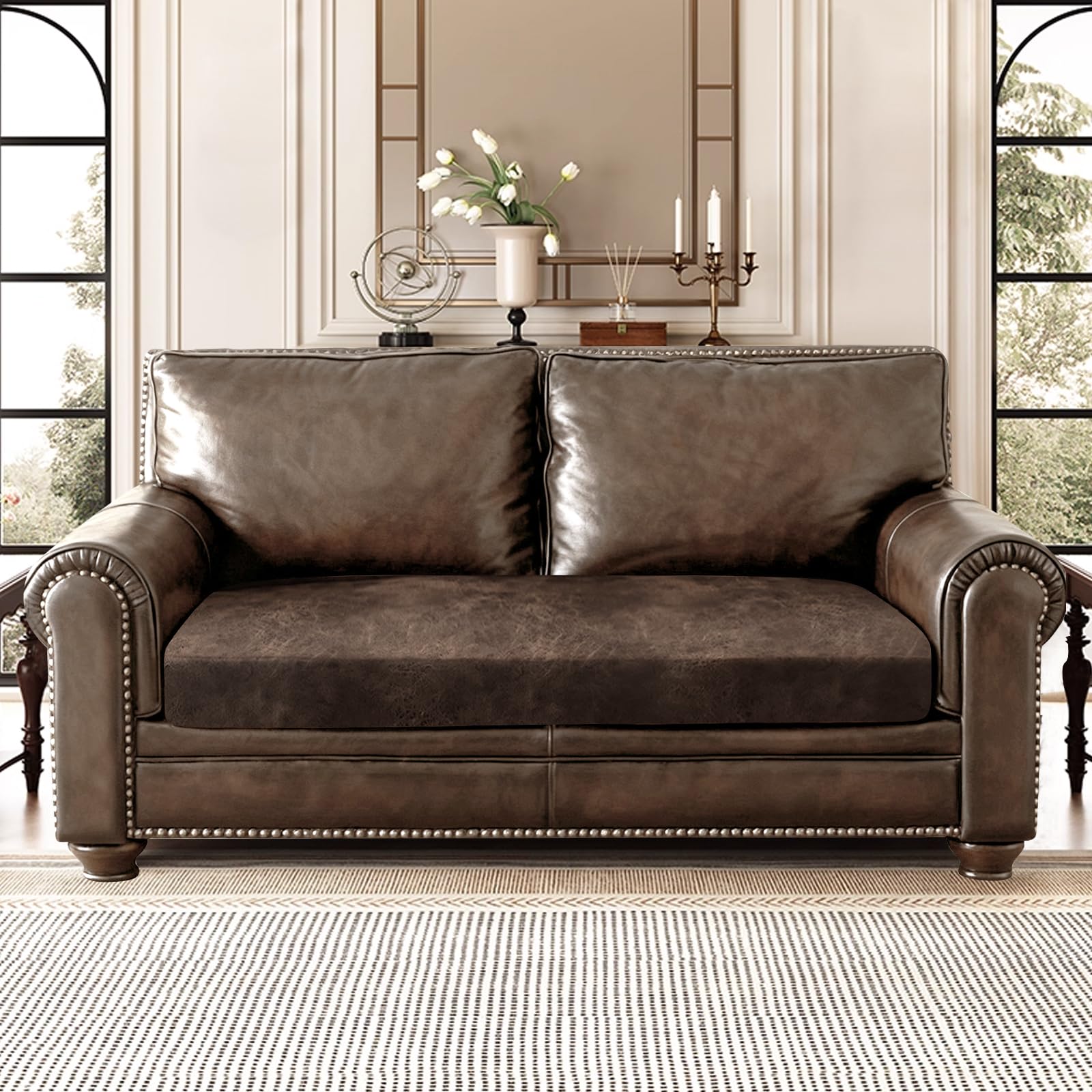 ANARACHON Leather Look Couch Cushion Covers Sofa Seat Slipcovers Sets Couches Furniture Protector for Sectional Armchair Loveseat Pets Kids Stretch Spandex Fabric (1 Cushion Loveseat, Light Brown)