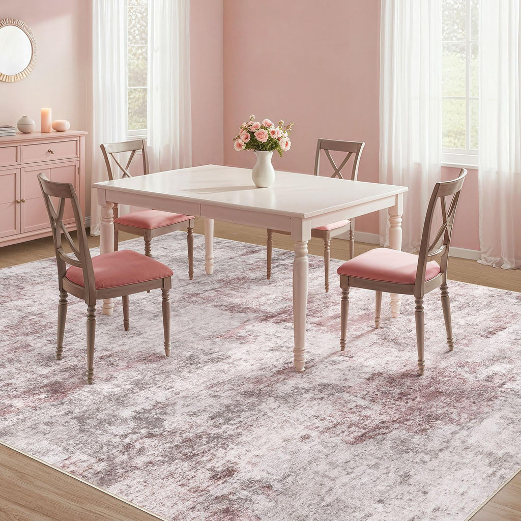 UERMEI 8x10 Washable Area Rug - Neutral Modern Abstract Living Room Rugs, Non-Slip Soft Large Indoor Floor Carpet for Bedroom Home Office & Under Dining Table Decor, Pink Grey
