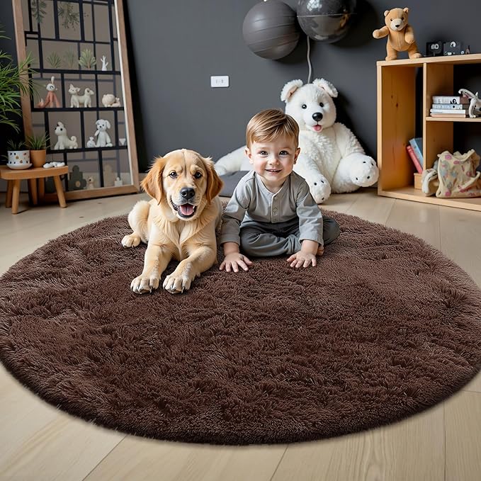 OLANLY Coffee Round Rugs for Bedroom - Machine Washable, 5 ft Circle Area Rugs for Living Room, Soft and Fluffy Shaggy Carpet for Teen Girls and Boys, Nursery Rooms, Dorms, Home Decor Aesthetic