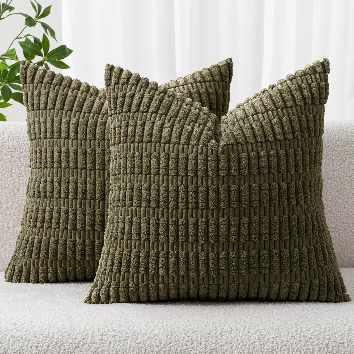 MIULEE Corduroy Decorative Throw Pillow Covers 18x18 Olive Green Pack of 2