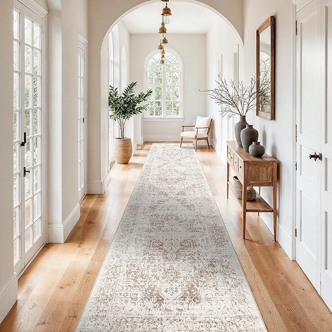 3x15 Washable Hallway Runner Rug: Long Vintage Soft Non Slip Rug IvoryBeige