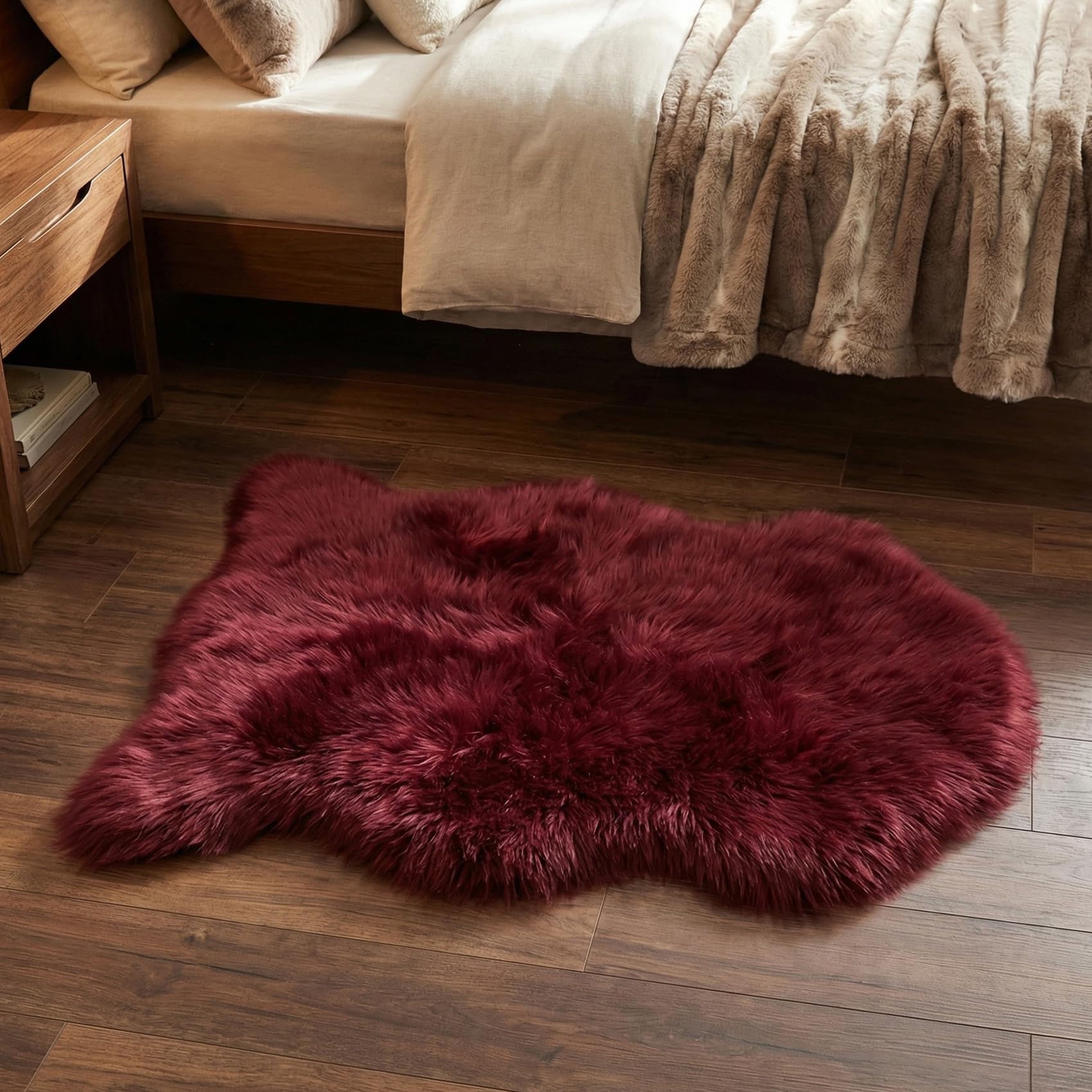 duduta Burgundy Faux Sheepskin Rug 2x3 ft, Fluffy Fur Seat Chair Covers