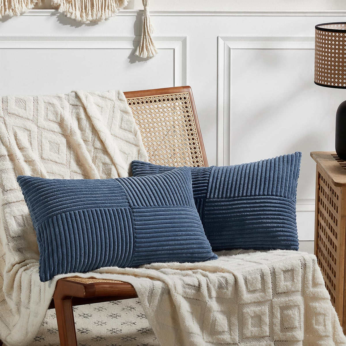 Fancy Homi 2 Packs Navy Blue Lumbar Decorative Throw Pillow Covers 16x32 Inch for Living Room Couch, Rustic Farmhouse Boho Home Decor, Soft Striped Corduroy Rectangle Accent Cushion Case 40x80 cm
