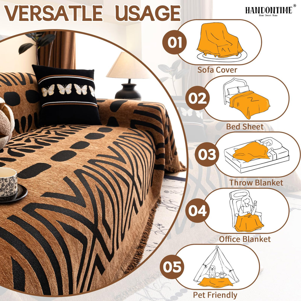 HANDONTIME Boho Couch Cover Geometric Striped Pet Covers for Couches and Sofas Copper Brown and Black Dog Cover for Couch Pet Friendly Chenille Sectional Sofa Covers for Pets Washable, 71" X 134"