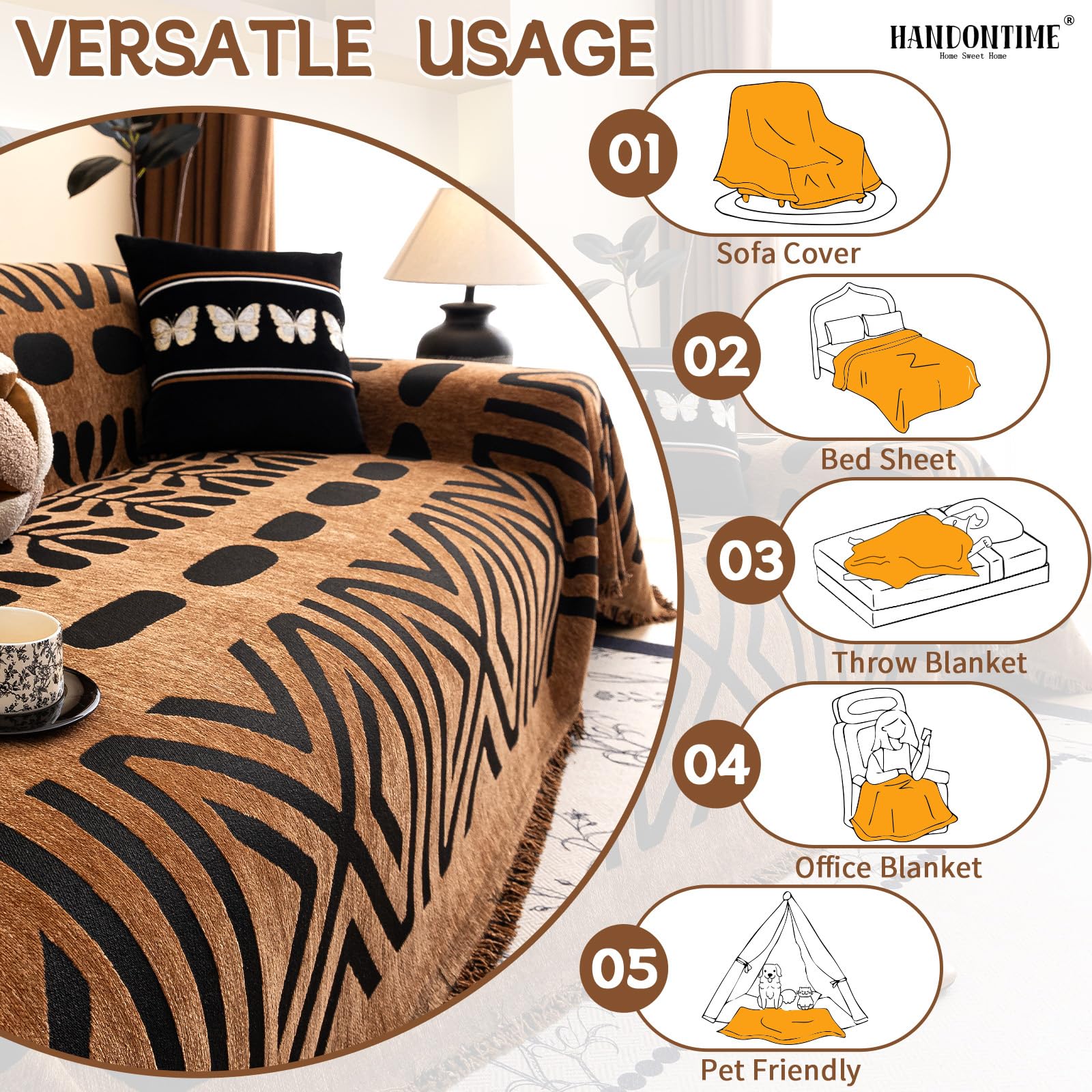 HANDONTIME Boho Couch Cover Geometric Striped Pet Covers for Couches and Sofas Copper Brown and Black Dog Cover for Couch Pet Friendly Chenille Sectional Sofa Covers for Pets Washable, 71" X 134"