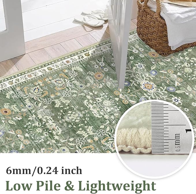 Yamaziot Washable Runner Rug 2x4 – Non Slip Boho Floral Hallway Runner Rug with Rubber Backing, Low Pile Faux Wool Distressed Carpet for Kitchen, Laundry, Bedroom, Entrance, Green