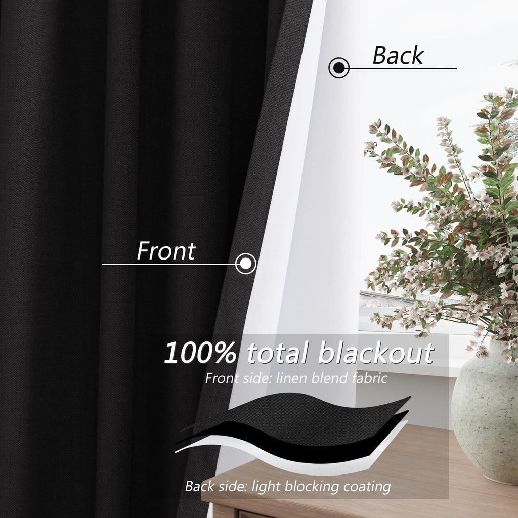 Guken Black 100% Blackout Linen Curtains 102 Inch Length 2 Panels Set for Living Room Bedroom Back Tab Thermal Insulated Black Out Drapes Room Darkening Window Curtains,52x108