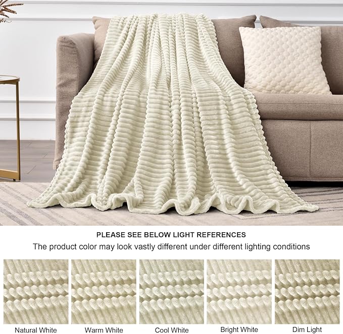 BEDELITE Fleece Blanket Queen Size – 3D Ribbed Jacquard Soft and Warm Decorative Fuzzy Blankets – Cozy, Fluffy, Plush Lightweight Throw Blankets for Couch, Bed, Sofa(Beige, 90x90 inches)