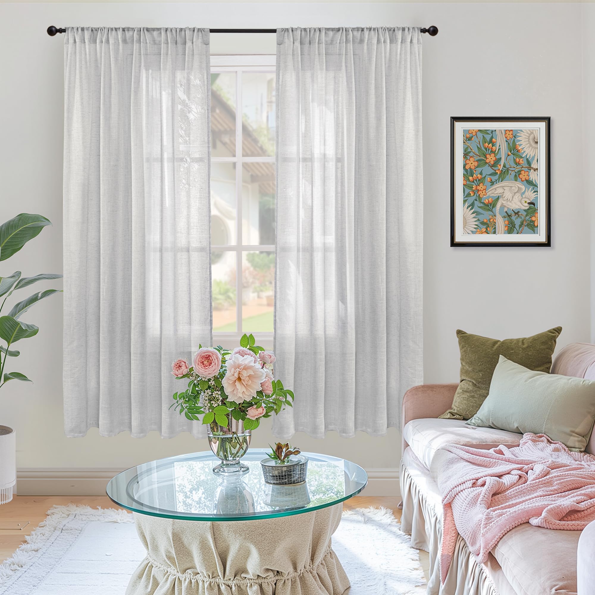 BGment Light Grey Linen Semi Sheer Curtains 63 Inches Long for Living Room - Rod Pocket Light Filtering Window Drapes Natural Textured for Bedroom Lightweight Rustic, 2 Panels Set, 52 X 63 Inch