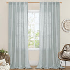LAMIT Greyish Blue Linen Boho Curtains 84 inch Length 2 Panels, Light Filtering Semi Sheer Panels Back Tab and Rod Pocket Neutral Drapes for Bedroom/Living Room, 34 x 84 Inch