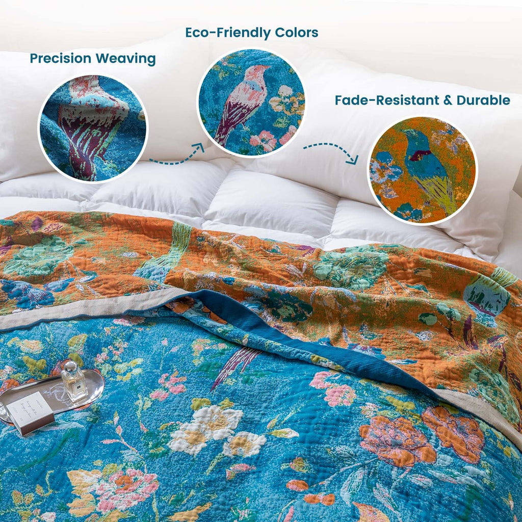 MSGKV Boho Throw Blanket 50"x60" 100% Cotton Floral Bird Throw for Couch