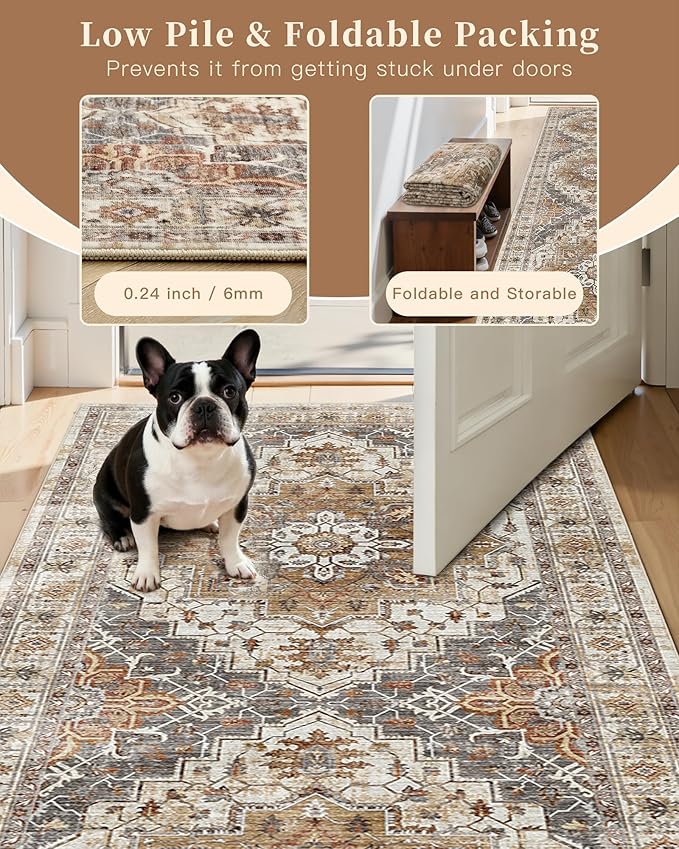 Madane 4x10 Wide Hallway Runner Rug Washable for Living Room, Turmeric/Grey
